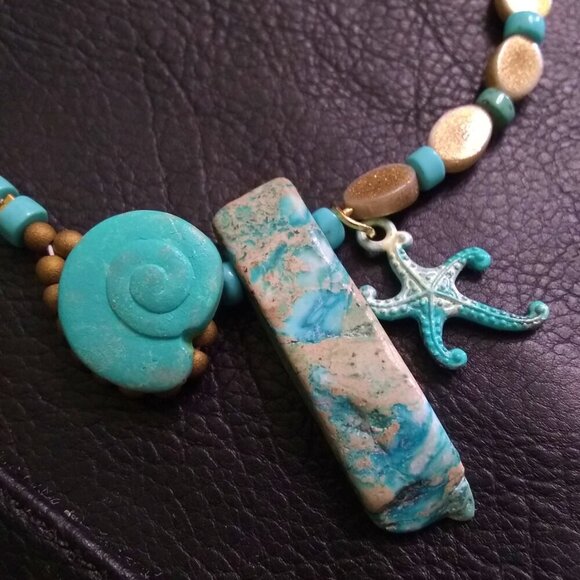 Coastal Cowgirl! Sea Sediment Jasper + Starfish + Shell Beaded Loop Bracelet - Picture 1 of 11
